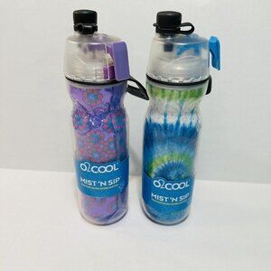 O2Cool Mist 'N Sip Squeeze Trigger Mist Flowers & Tie Dye Design 20oz (2 Pack)